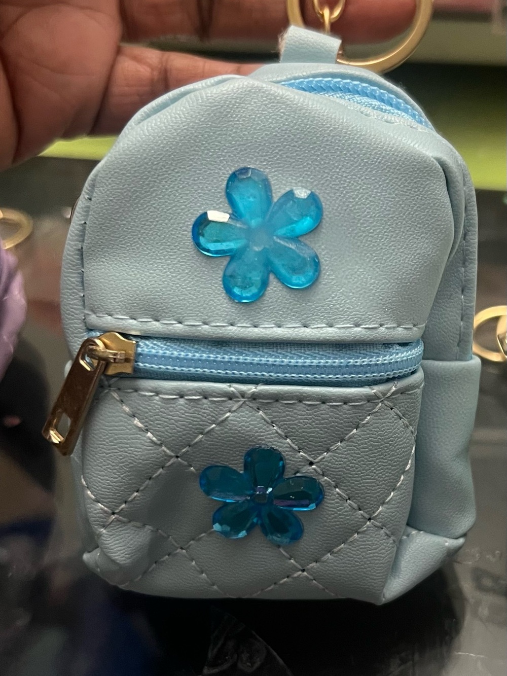 Mini Bag Charm - Light Blue with Blue Flower Accents